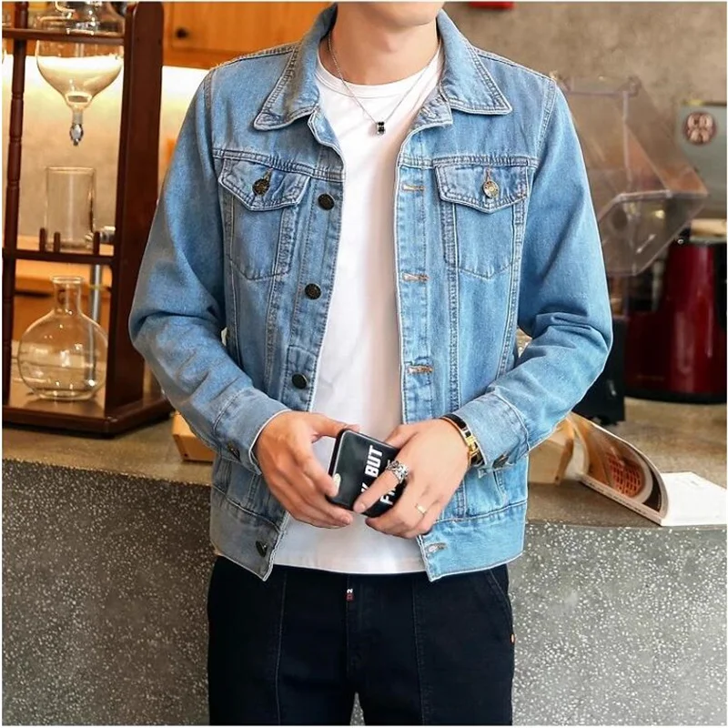 New Men Pure Color Lapel Denim Jacket Black / Blue Fashion Young Male Daily Outdoor Casual Coats