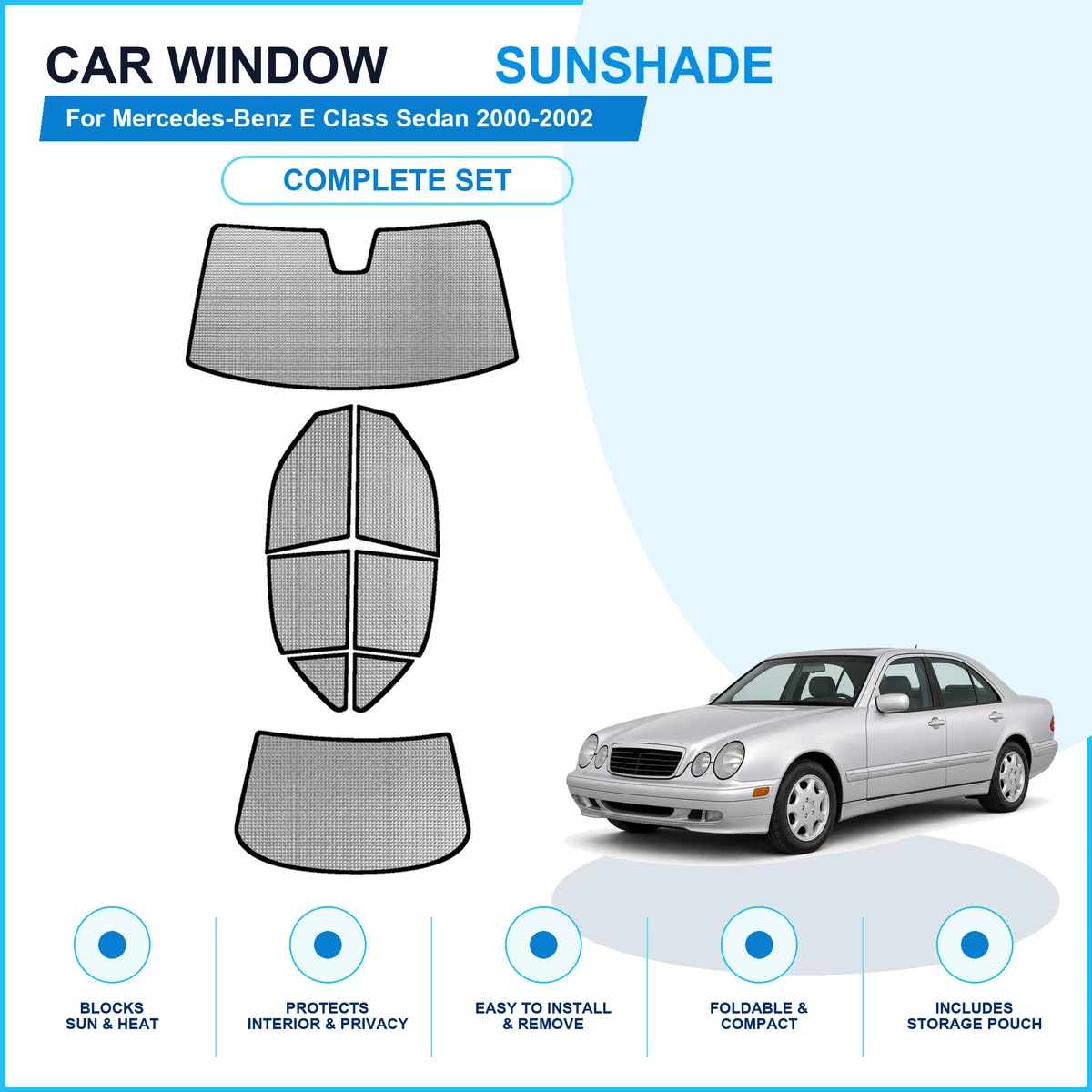 For Mercedes-Benz E Class Sedan 2000-2002 Custom Full Set Window Sunshades Aluminum Foil Suction Cup Anti UV Privacy