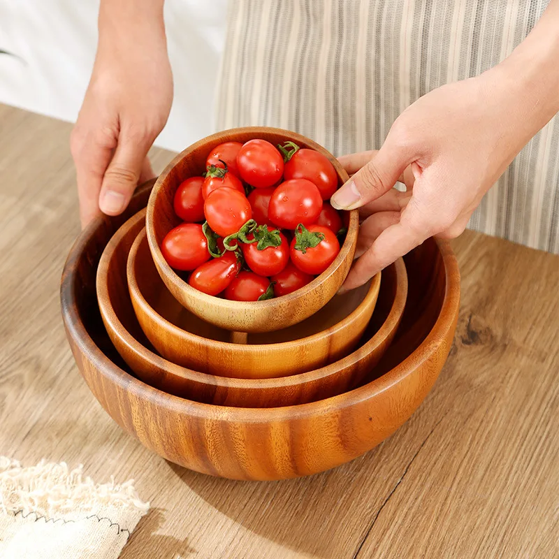 

Japanese Style Wooden Bowl Retro Wood Rice Bowl Fruit Salad Bowl Household Cooking Kitchen Restaurant Break Resistant Portable