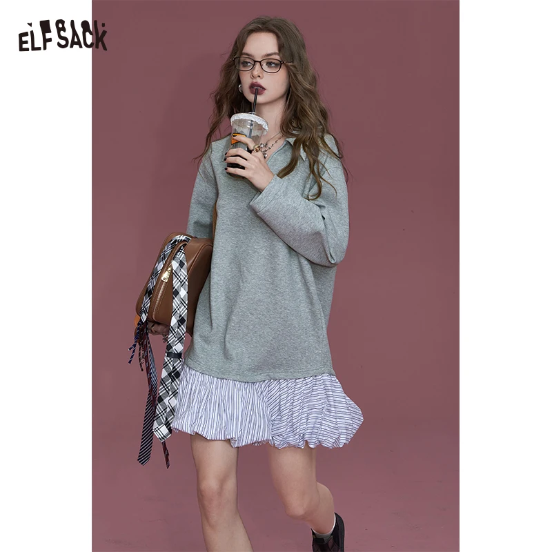 2024 Autumn ELFSACK New Arrivals Gray temperament letter embroidery small design shirt splicing dress for women