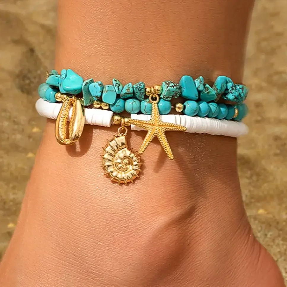 SHIXIN 3Pcs Irregular Green Natural Stone Bead Anklet Set for Women Boho Conch Starfish Feet Chain Bracelet Summer Beach Jewelry