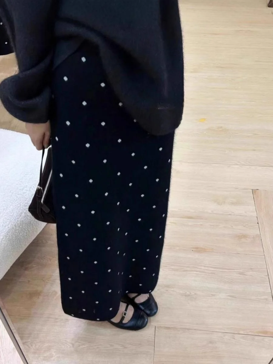 

Sle Polka Dot Woolen Knitted f Skirt High Waist Straight Leg Bear Hug Women's Skirt Ci Walk Ba Split