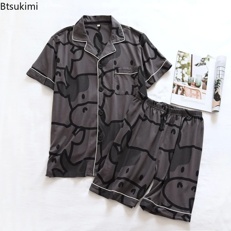 New 2025 Summer Couple's 100% Pure Cotton Pajamas 2-piece Short Sleeved Shorts Set Loose Cartoon Home Clothes for Men and Women