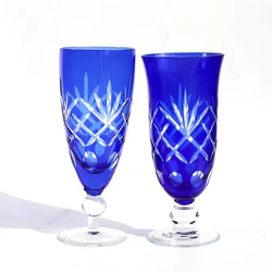 Bohemian Style Glass Goblets Champagne Glass Cup Hand Cut to Clear Crystal Edo Kiriko Blue Stemware Wedding Gift 7oz