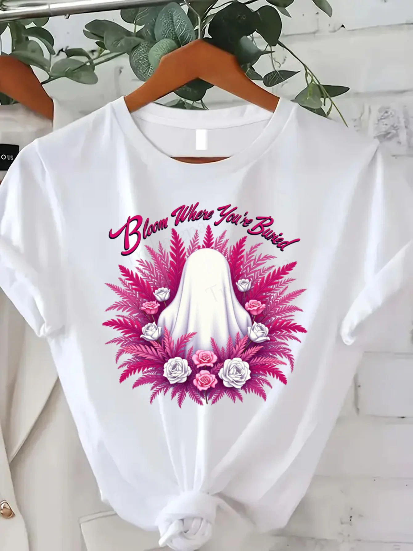 

Футболка с круглым вырезом Bloom Where You're Buried, футболка с цветочным принтом и призраком, женская футболка больших размеров с короткими рукавами, модный повседневный топ