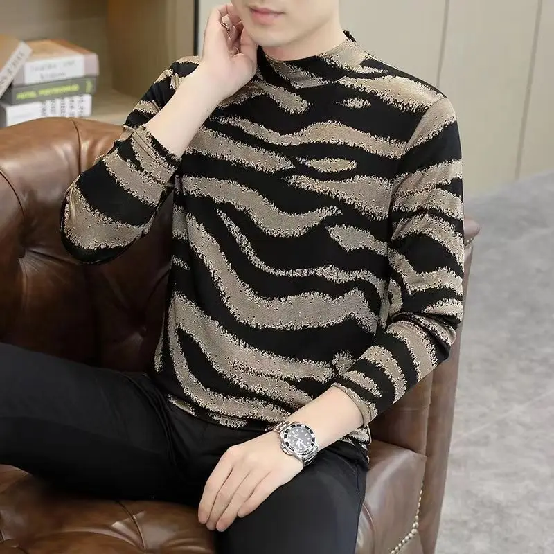European Station Men's Fashion Brand Autumn Bottoming Shirt Leopard Print Casual Tops Half Turtleneck Autumn Coat T-Shirts