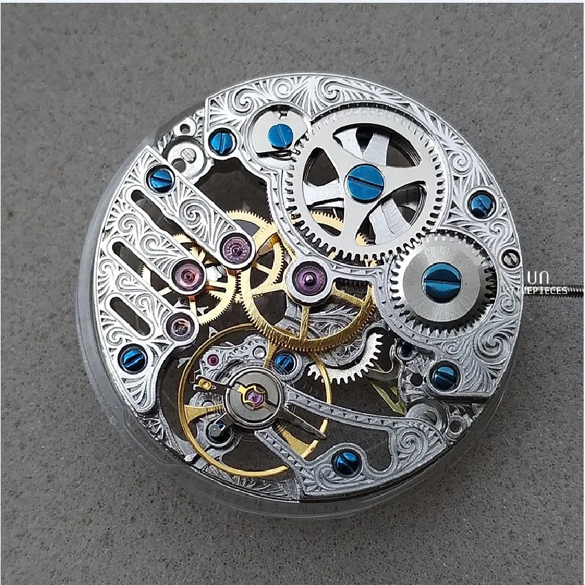 GERRVO 44mm No Logo St3600SK scheletro avvolgimento manuale movimento 21,600 Dph Blue Hands orologio pilota da uomo GR73-22