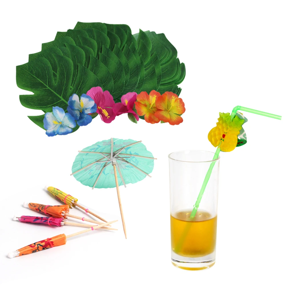 

108 Pcs Supplies Hawaii Themed Summer Party Wedding Decorations Straws Leaves Table Settings For Party Flowers Fruit Picks