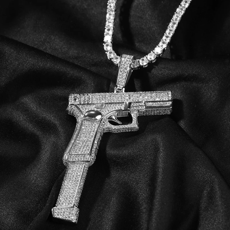 Punk Retro Pistol Pendant Zircon Iced Out Necklaces Hip Hop Jewelry For Men Women Copper Free Shipping