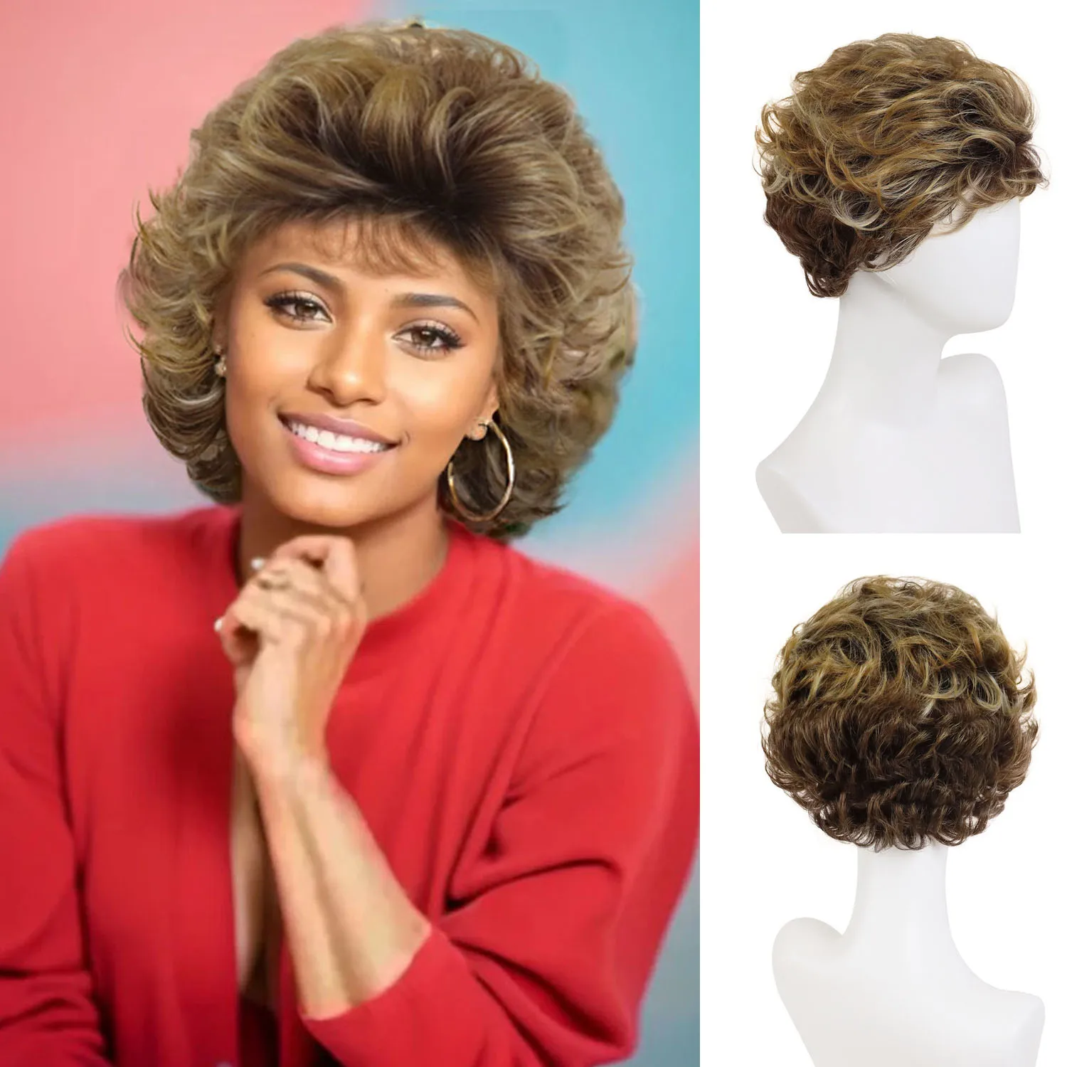

Synthetic Hair Replacement Wig Short Curly Wavy Blonde Brown Wigs for Women Natural Looking Layered Pixie Cut Wig with Bangs