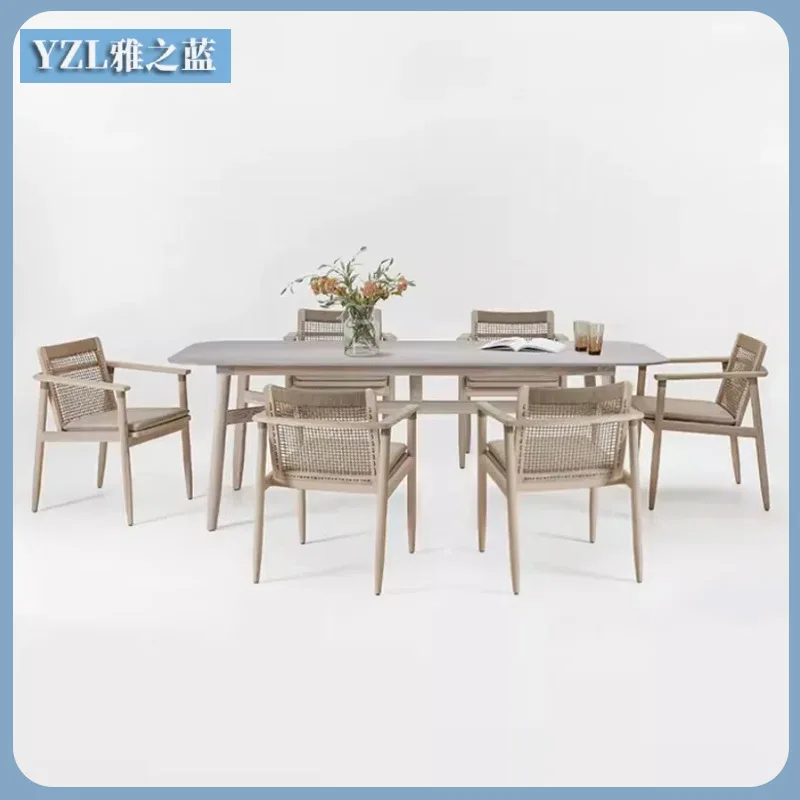

Retro Teak Tables And Chairs Outdoor Rattan Tables And Chairs Waterproof And Sunscreen Villa Courtyard Outdoor Dining