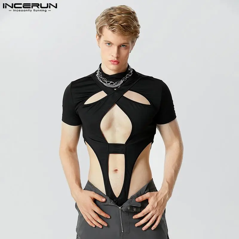 Fashion Men\'s Homewear Jumpsuits INCERUN 2024 Symmetric Hollow Design Short Sleeve Half High Neck Solid Triangle Bodysuits S-5XL