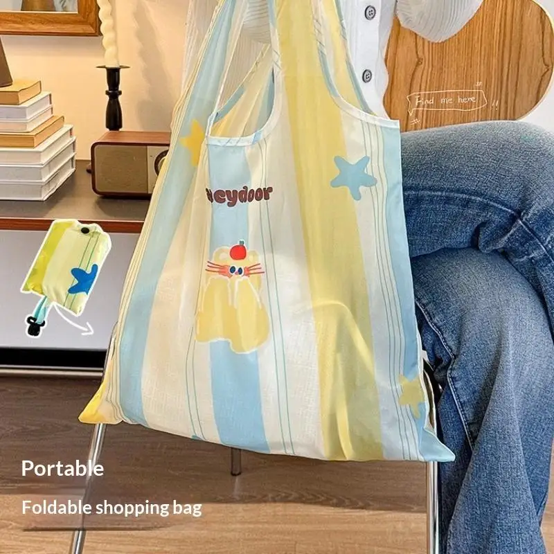 Foldable Lightweight Shopping Bag Cute Cartoon Cat Print Stripe Design For Grocery Shopping Daily Outings Travel