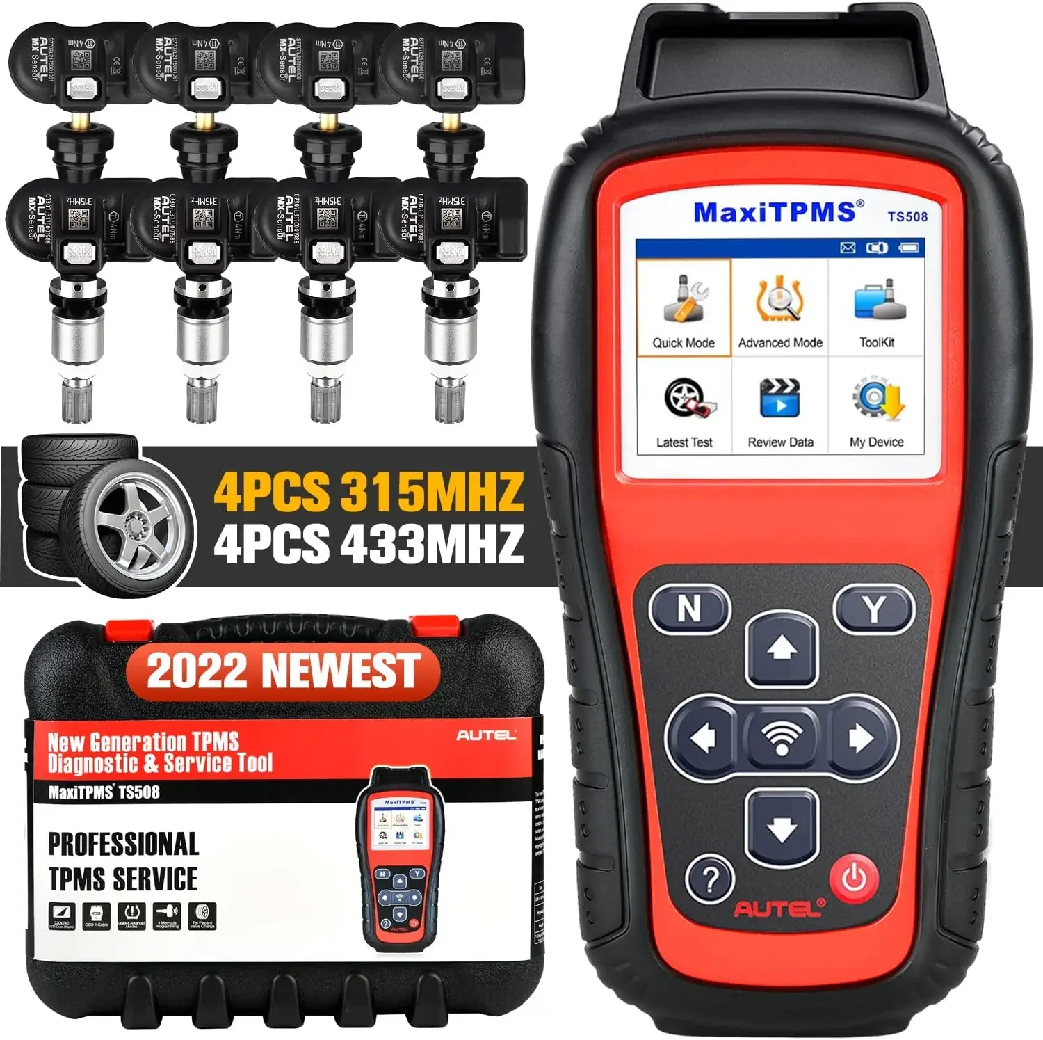 Autel MaxiTPMS TS508K Tire Pressure Monitoring System Reset TPMS Replacement Tool With 8pc Sensors 4PCS 315MHz &4PCS 433MHz