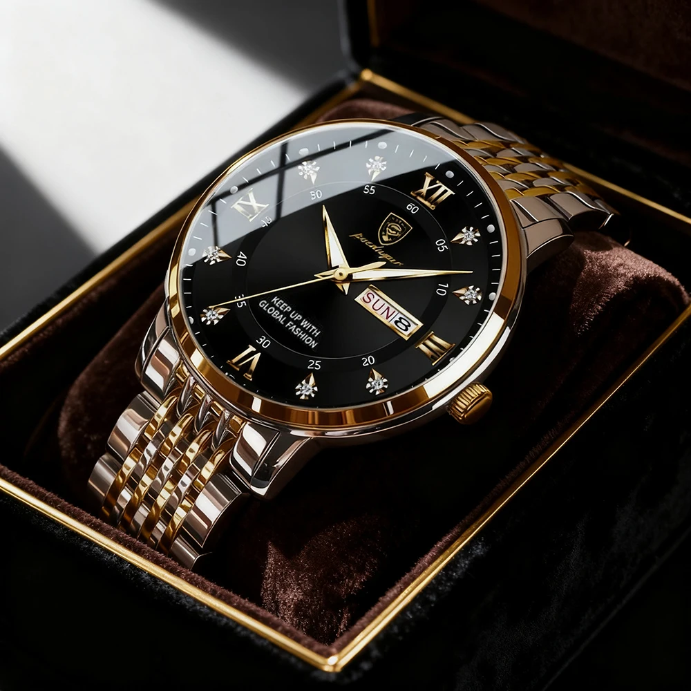 POEDAGAR Роскошные спортивные мужские часы Водонепроницаемые светящиеся наручные часы из нержавеющей стали с датой для мужчин Кварцевые часы Деловые мужские часы