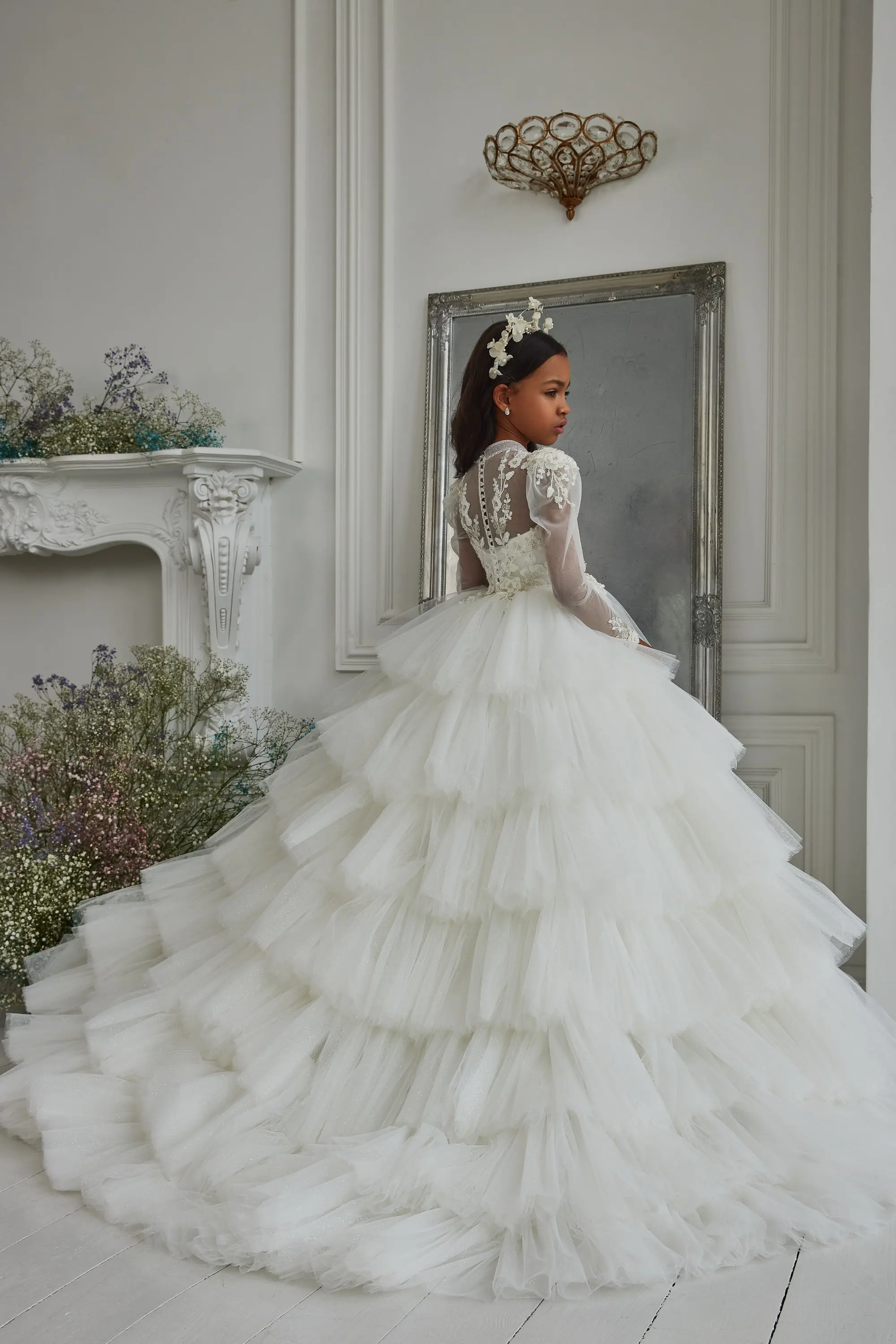 Vestido brillante de tul con encaje y flores para niñas, vestido de princesa esponjoso con capas florales para primera comunión, blanco marfil, hecho a medida