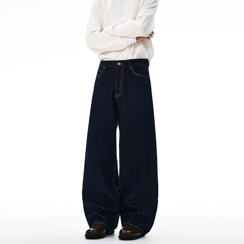 غير يتلاشى اللون الأصلي الجينز الرجال جودة عالية فضفاض مستقيم الدينيم السراويل الكلاسيكية الأمريكية الرجعية واسعة الساق الخريف بنطلون #4