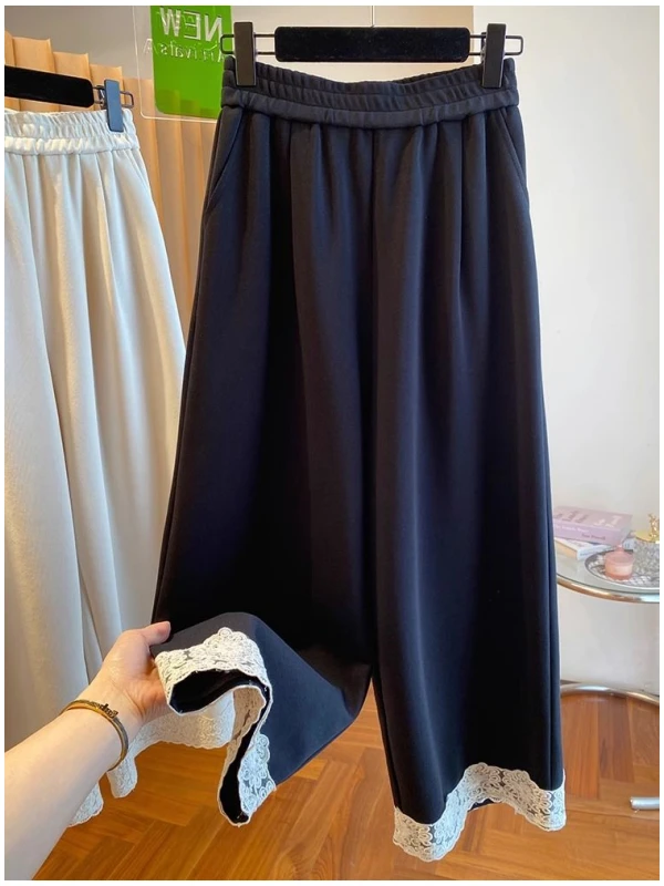 

Large Size Lace Trimmed Wide Leg Straight Cut Casual Pants ex Spring Summer New Sle High End Feeling Casual Trousers