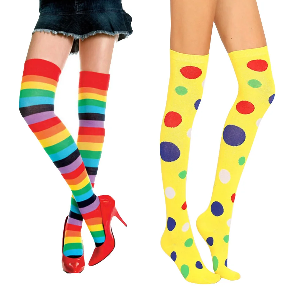 4 Uds. Medias de payaso coloridas hasta la rodilla calcetines elásticos largos a rayas de lunares medias transpirables reutilizables para mujer