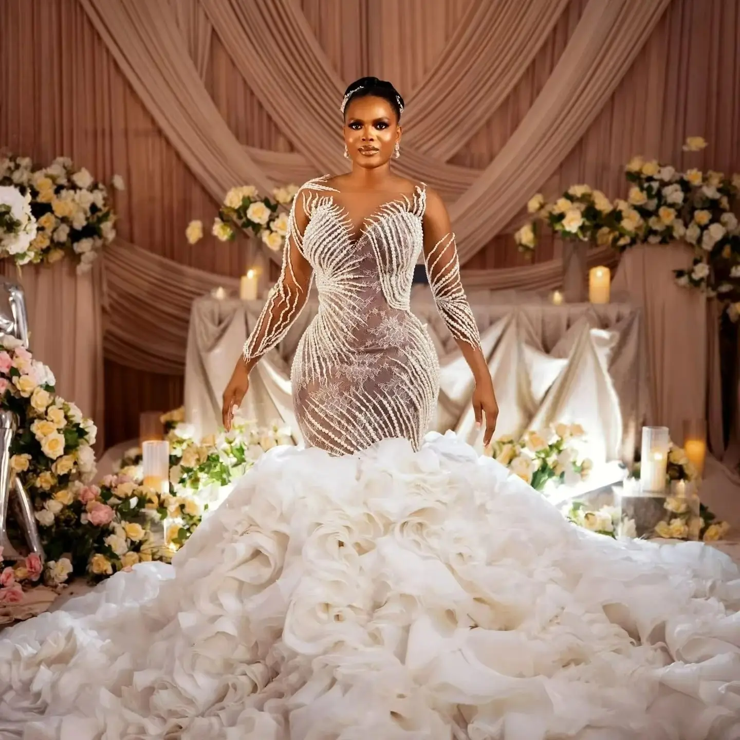 

Customized High Collar Sparkly Fully Crystals Bead Mermaid Wedding Dress Full Sleeves Robe De Mariée Luxury African Bridal Gown