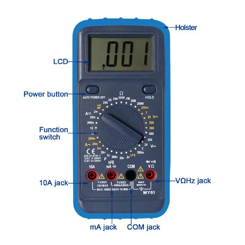 Multímetro Digital MY64, Medidor de Frecuencia, Temperatura y Capacitancia, con Doble Fusible Anti-quemaduras, Voltímetro de CA/CC