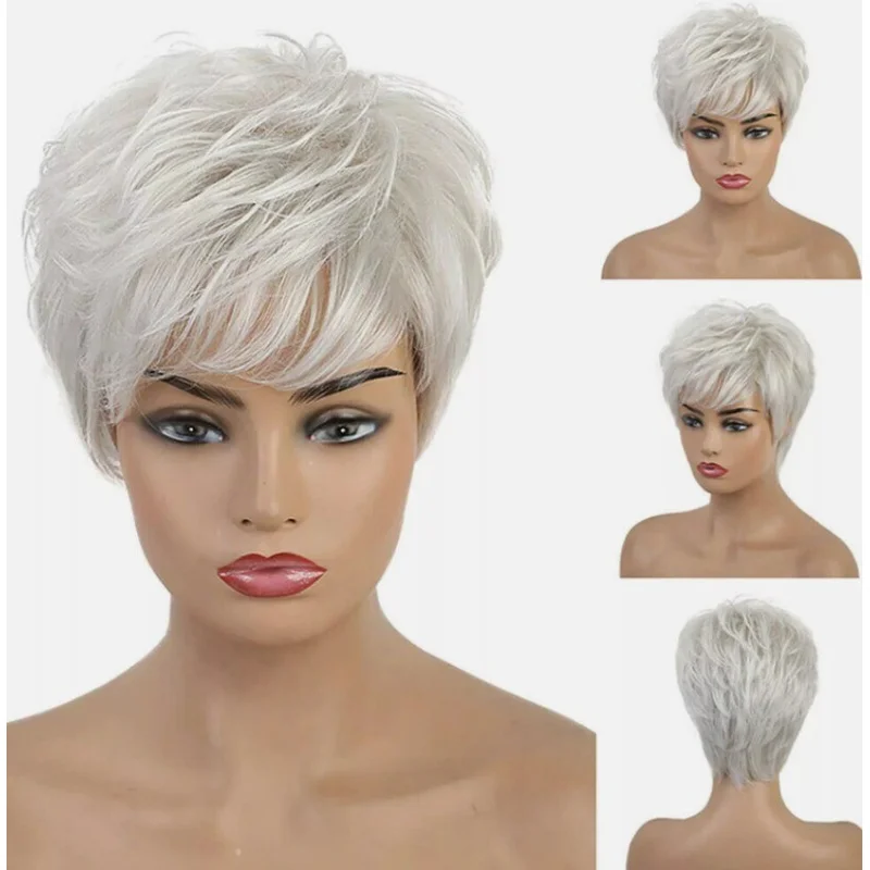 

Women's Short Curly Wavy Silver Gray Wig Heat Resistant Synthetic Hair Full Wigs