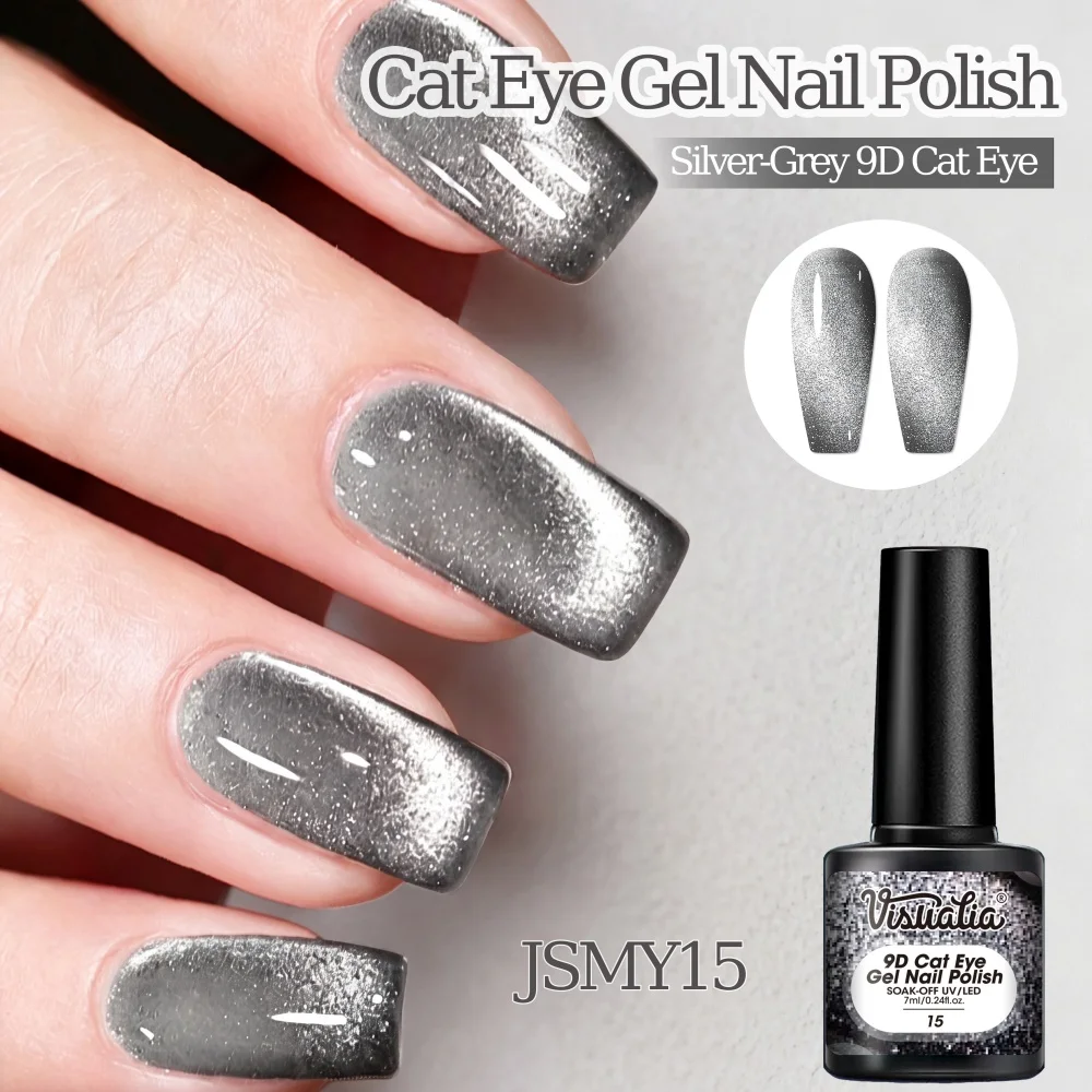 Visuatia Silver Gray 9D Cat Eye Gel Polish features fine and dense magnetic powder particles, making it smooth to apply and easy to color. With the help of a magnet, it can create bright, continuous light strips, and a