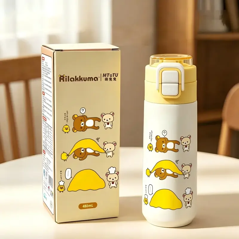 Rilakkuma Thermosbeker Waterfles 480ml 316 RVS Dubbele Drinkrietbeker Draagbaar Handvat Lekvrij Reisdrinkbeker
