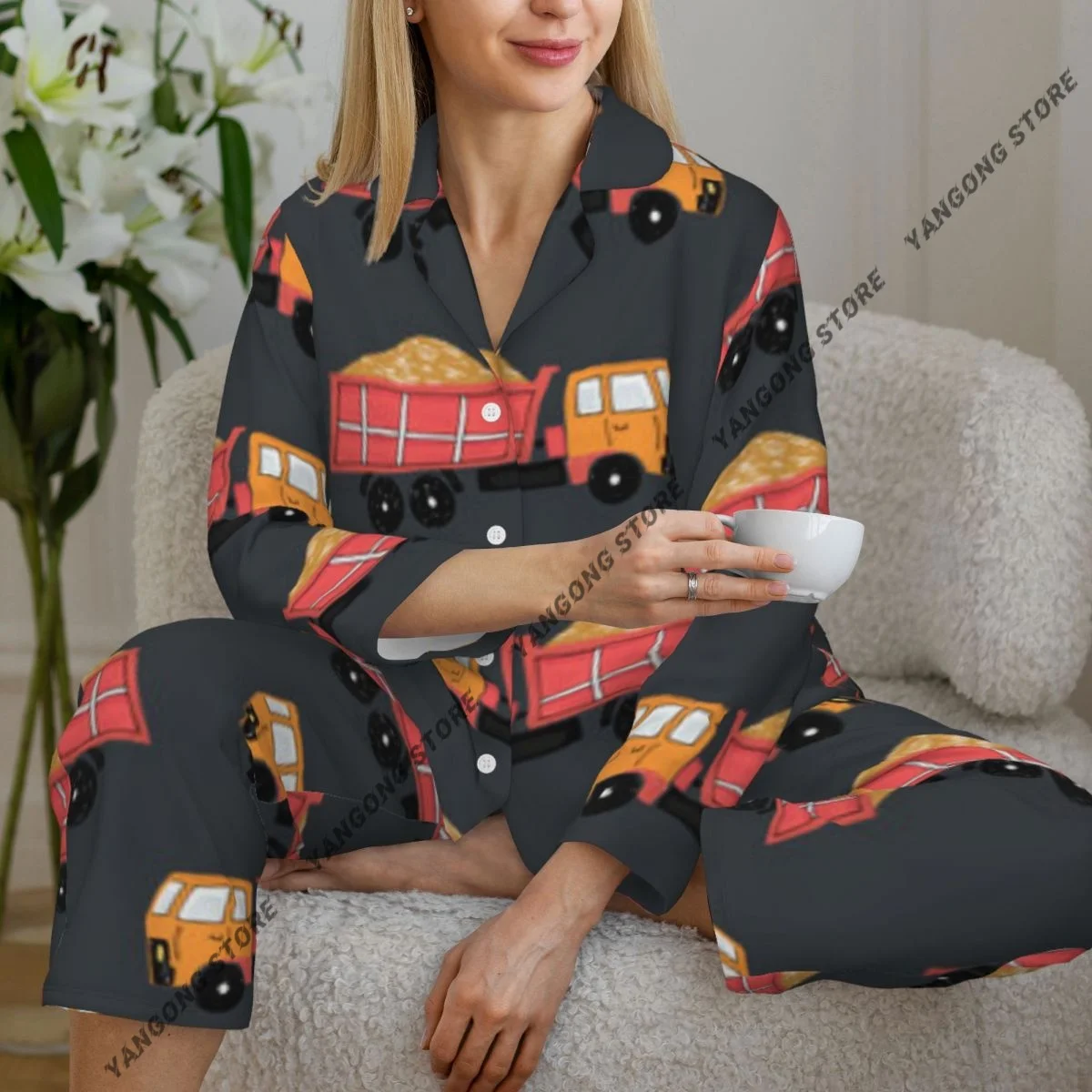 

Spring and Autumn Long Sleeve Pants Pajamas Loungewear Set Dump Trucks Illustration Women's Pull Edge Loose Sleeping Suit