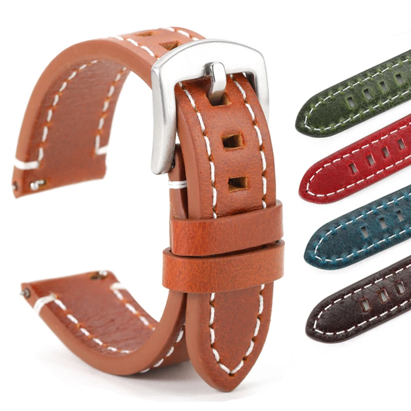 

Handmade Watch Strap Retro Colorful Oil Wax Leather Watchband 20mm 22mm Brown Blue Green Wristband Watch Accessories