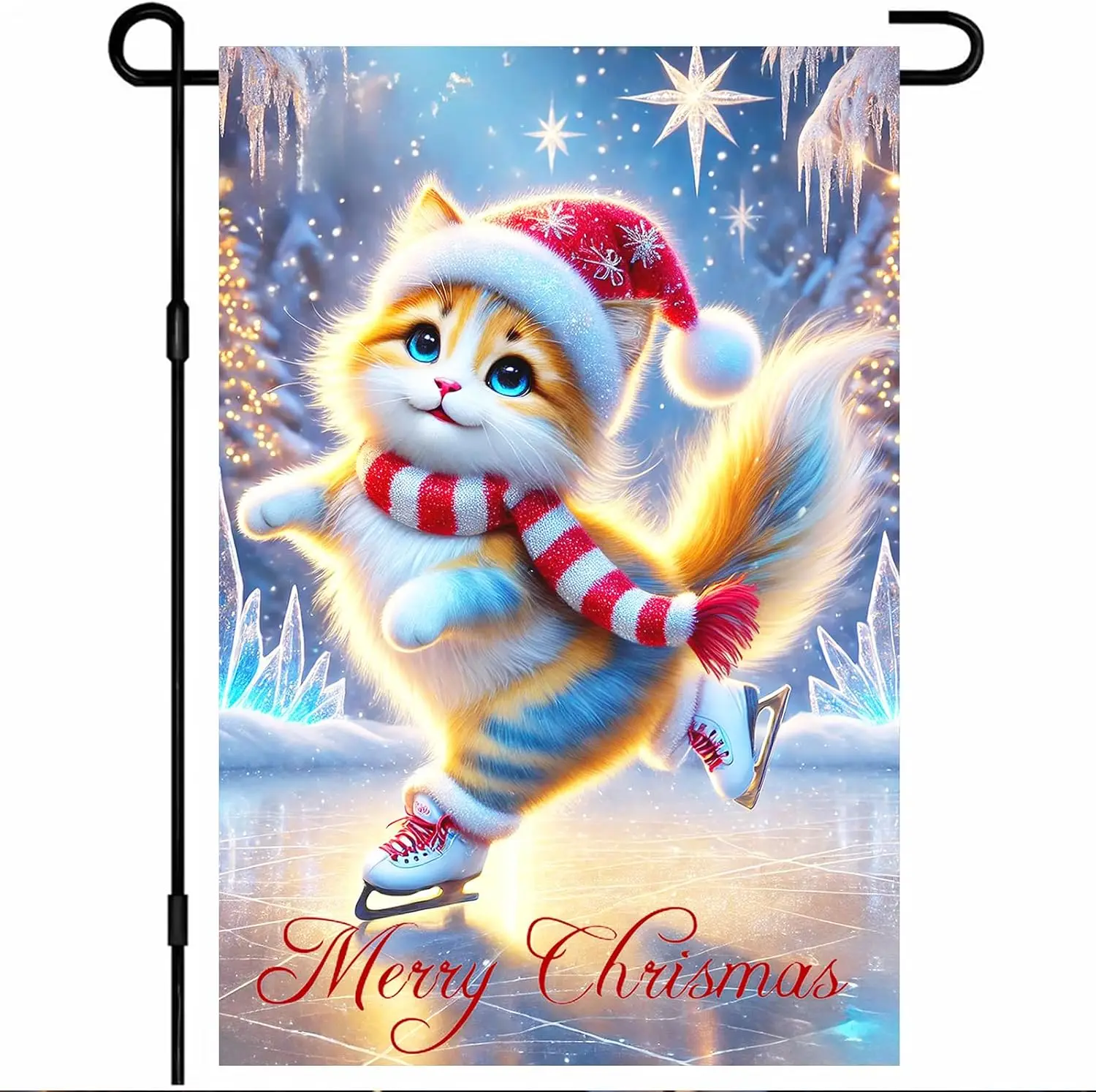 Christmas Garden Flag 12x18 Inch Skating Cat Yard Decor