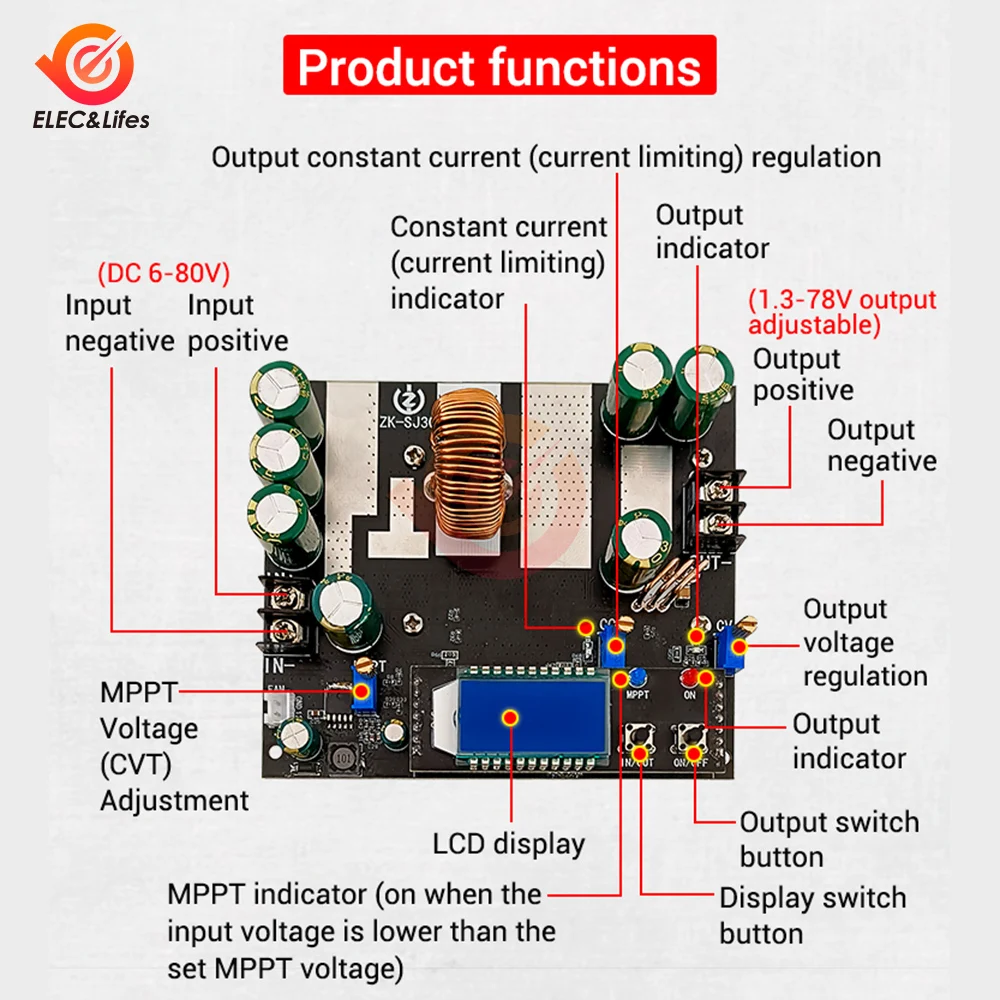 ZK-SJ30 700W Buck Converter CC CV Power Supply Module DC 6-80V to 1.3-78V 30A Adjustable Voltage Regulator Voltmeter Step-Down