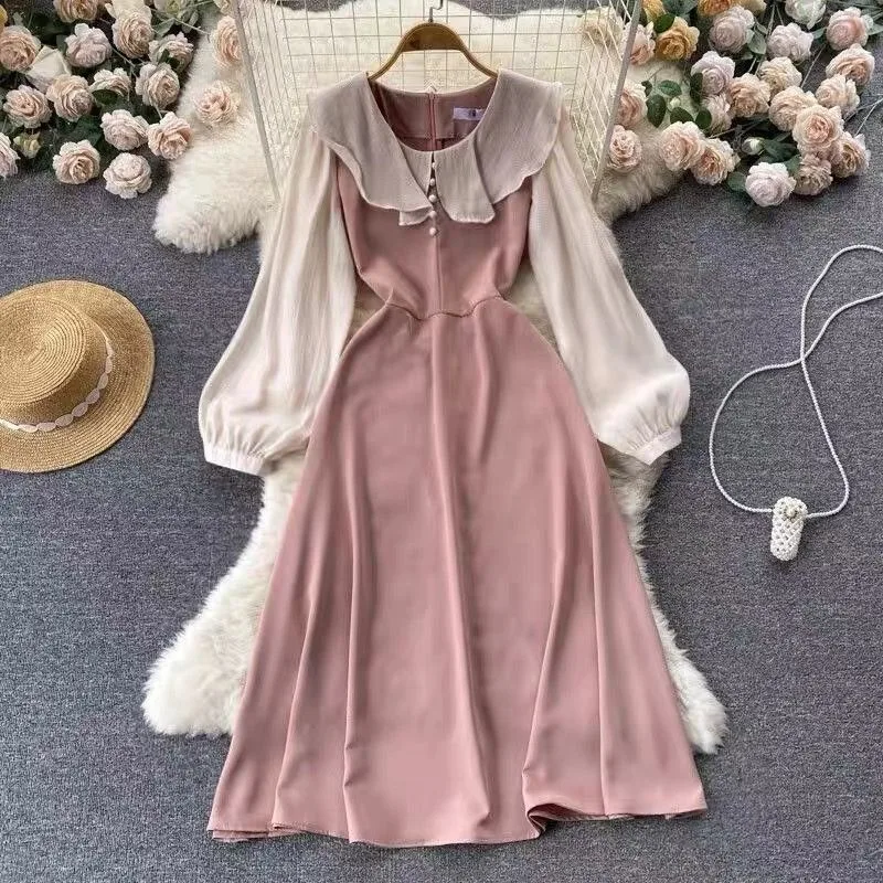 Long Sleeve Dresses Women French Vintage Ruffles Patchwork Mid-length Chic Sweet Temperament Elegant Gentle Vestidos Autumn Ins