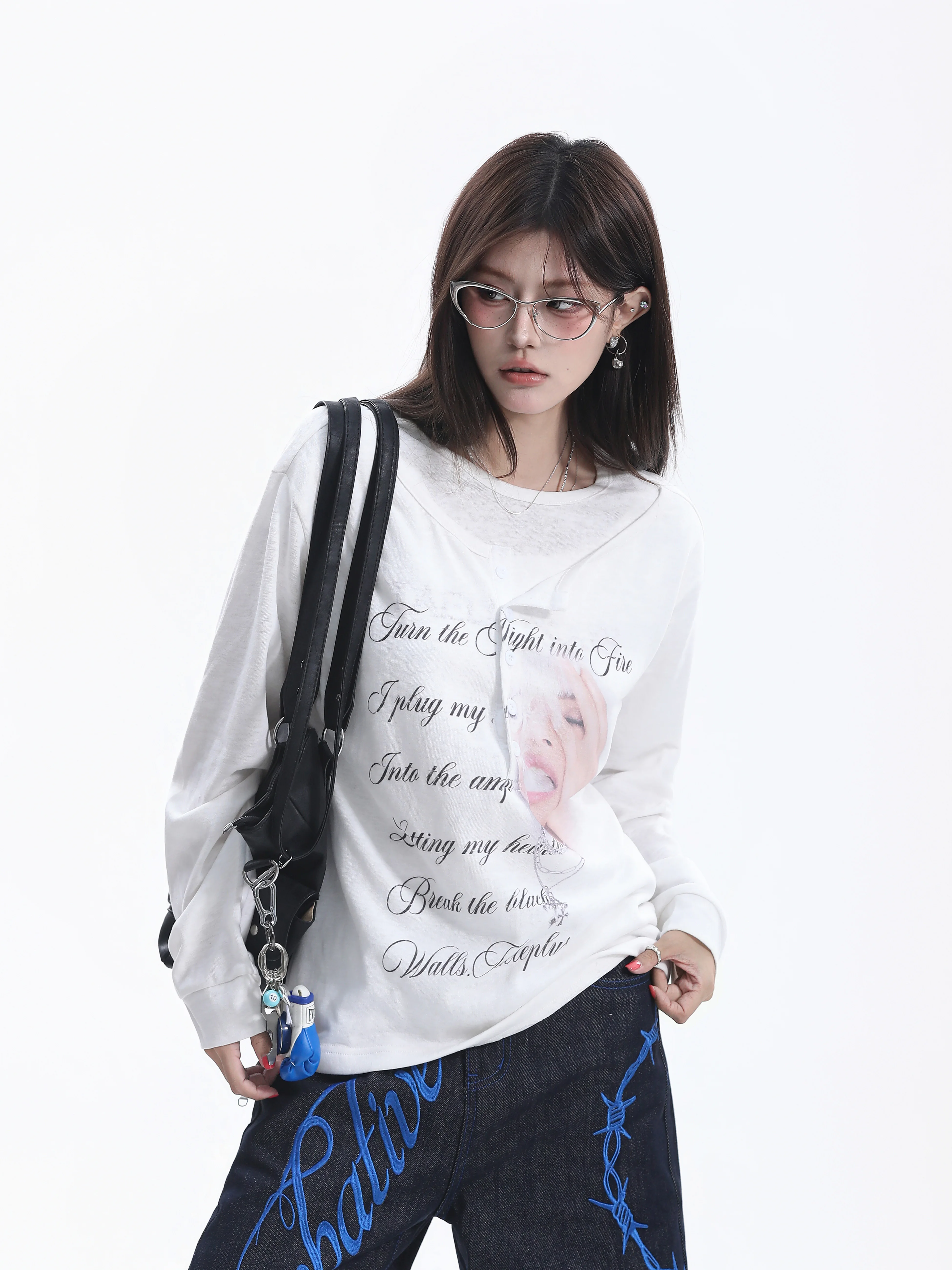 American Subculture Letter Print Long Sleeve T-Shirt Women's Henry Collar Loose Gothic Neutral Style Top Casual Cotton Sweats...