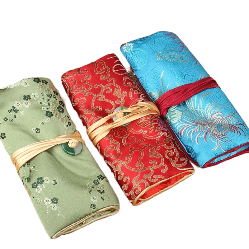 Custom 20pcs Portable Jewelry Roll Up Travel Storage Bag with Ties Chinese Silk Brocade 3 Zipper Multi Pouch Makeup