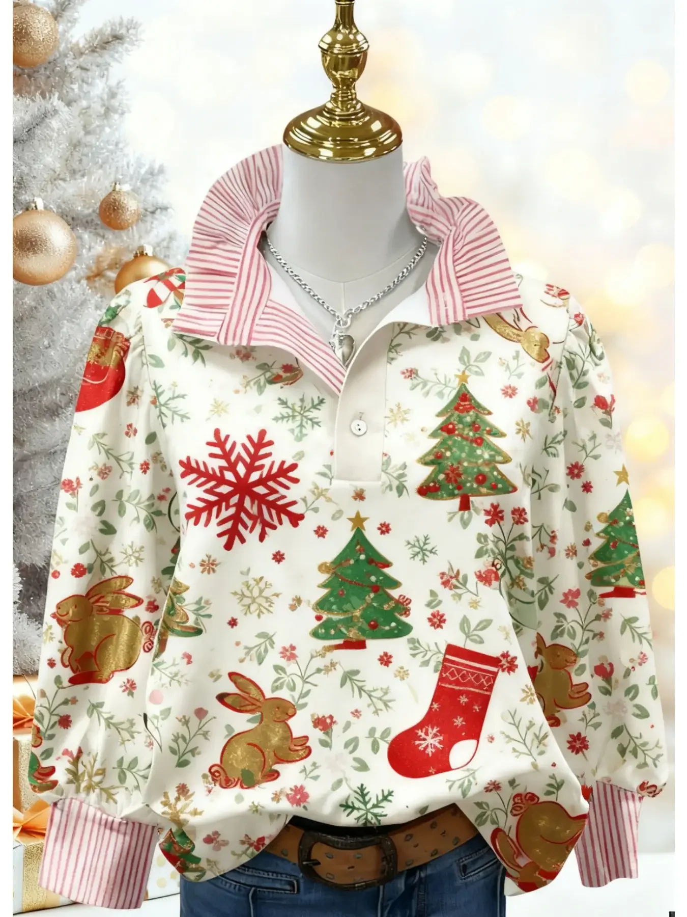 

2026Ladies' Spring and Autumn Winter New Stand up Collar Shirt Christmas Long Sleeve, Creative Printed Holiday Travel Essential,