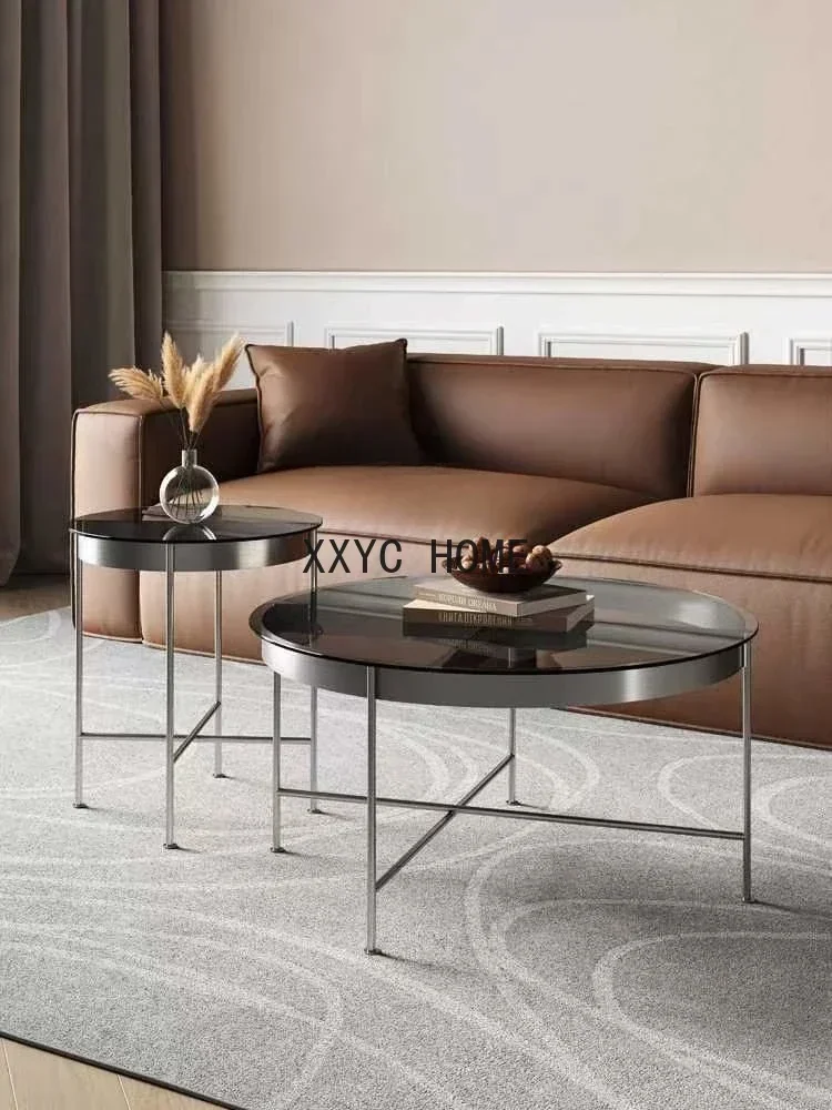 

Современный простой журнальный столик из нержавеющей стали и закаленного стекла, круглый, комбинированный, для дома