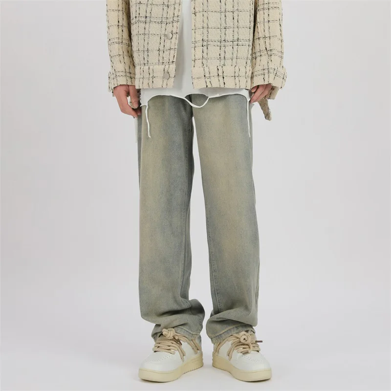 Simple solid color casual jeans for men straight tube loose fitting long pants wide leg jeans  mens pants streetwear men