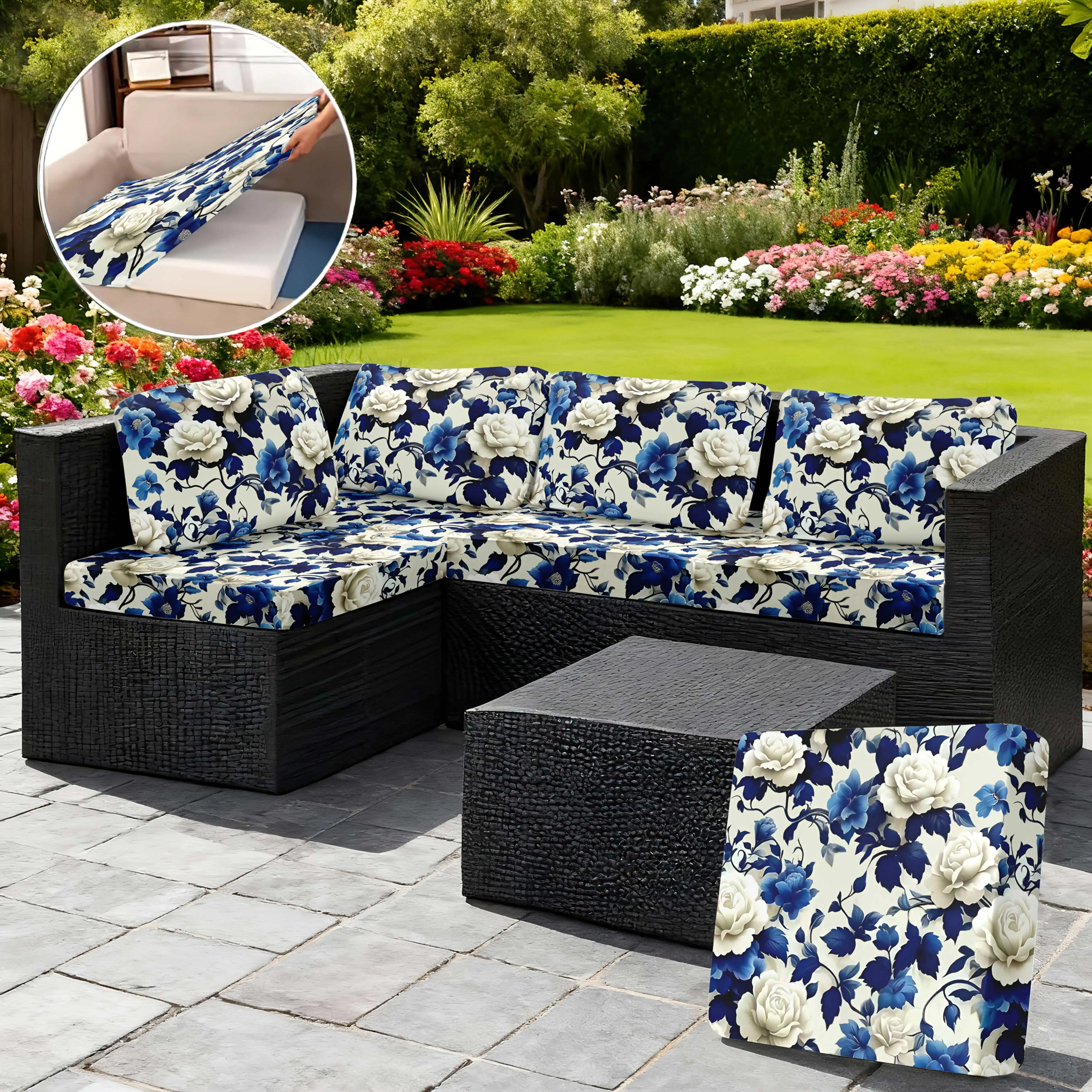 6/8pcs Blue and White Rose Outdoor Patio Sofa Cushion Cover, Removable Washable Patio Furniture Slipcover,Suitable for gardens