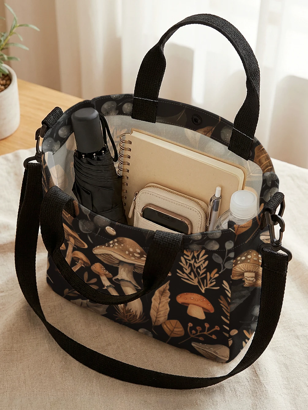 Vintage Mushroom Leaf Botanical Print Tote Bag Detachable Strap Crossbody Handbag For Women Daily Shopping
