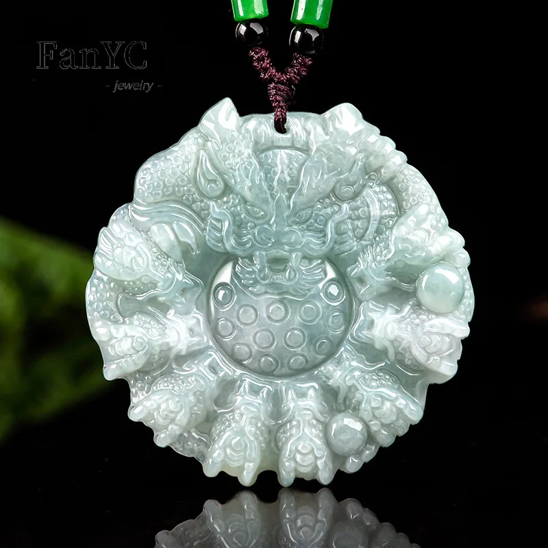 Natural Jadeite Nine Dragons Protecting Their Master Pendant 3D Carving High-End Fashionable Ice-Type Jade Necklace Unisex Gift