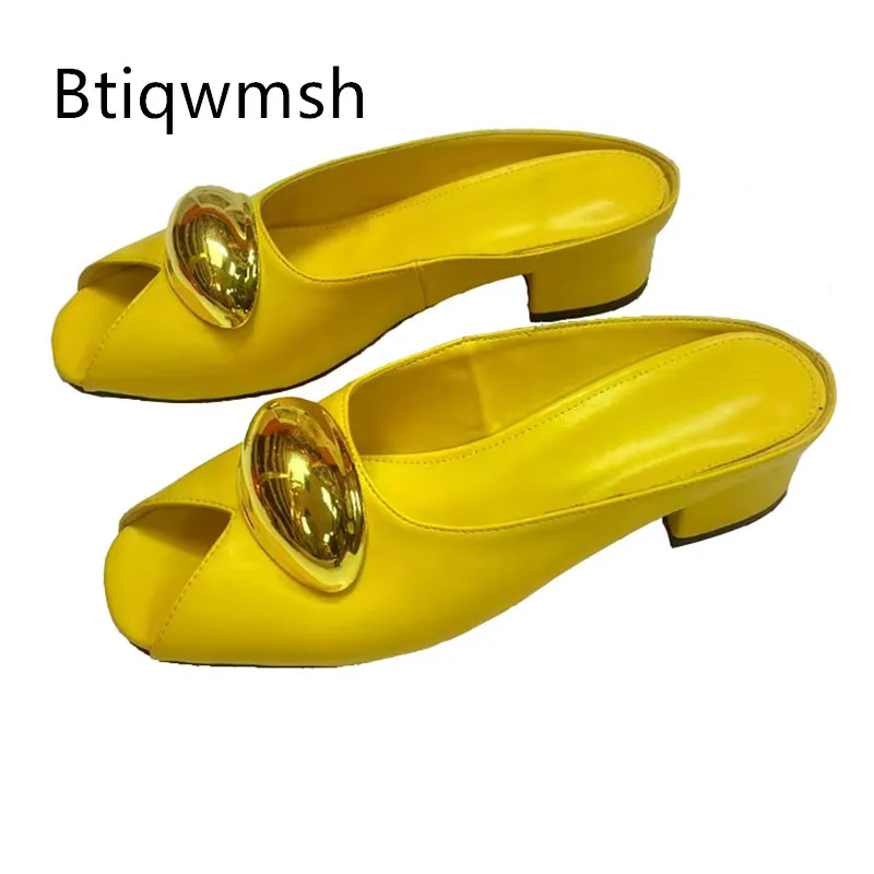 

Yellow Leather Slippers Woman Open Tole Gold Decor FlatS lady Leather Gladiator Sandals