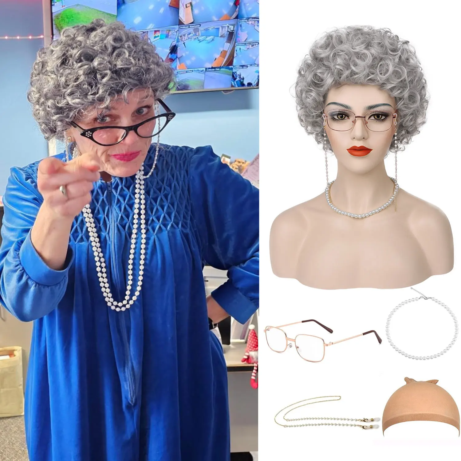 

Женские парики для пожилых женщин, серый синтетический парик для косплея, 100 дней школы, для костюма с очками, очками, фиксатор очков, цепочка, жемчужное ожерелье