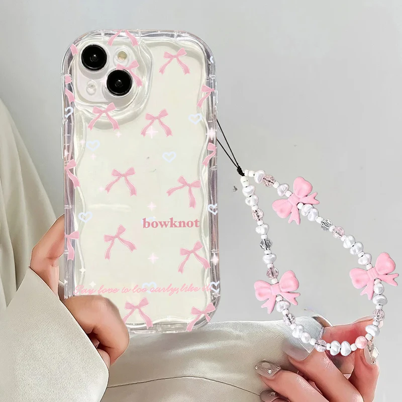 Girly Pink Bowknot Bracelet  Case For Samsung Galaxy A27 A57 A37 A56 A17 A07 A55 A16 A06 A54 A53 A34 A15 A32 A13 A26 5G Cover