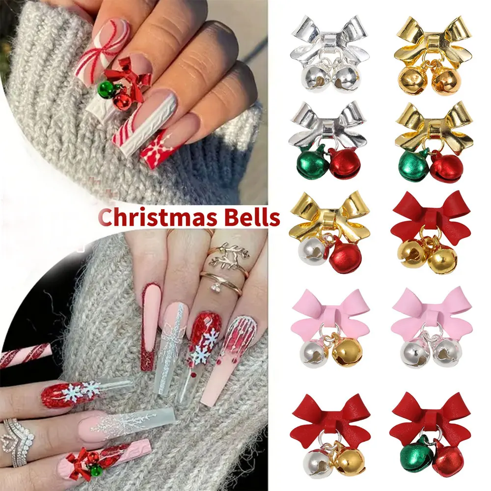 10pcs Christmas Red Bell Nail Art Charm 3D Alloy Green Bell Pink Bow Pendant Nail Decoration DIY Festival Salon Nail Accessories