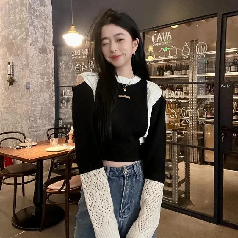 Hotsweet Sweater Off Shoulder Cut Out Crop Top Elastics Loose Hollow Out Black White Patchwork Long Sleeve Top Knitting Autumn