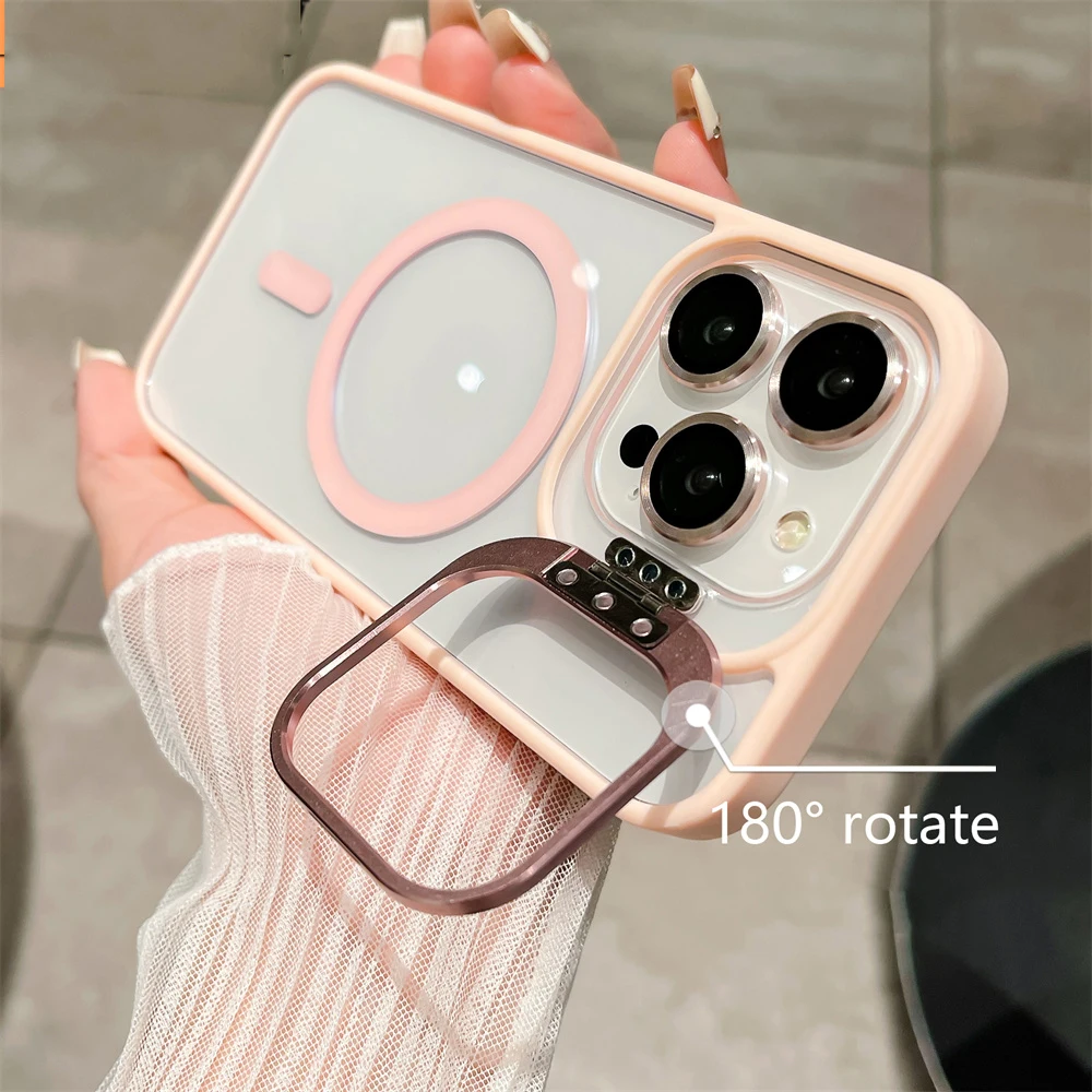 Magsafe Magnetic Lens Protection Stand Phone Case For IPhone 16 15 12 13 14 11 Pro Max Camera Glass Transparent Metal Ring Cover