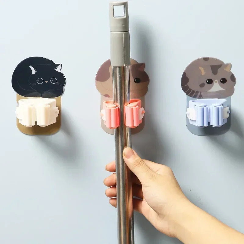 Wall Mounted Hooks Mop Organizer Holder Adhesive Cute Cat Multi-Purpose Room Hanger Strong Hooks Kitchen Bathroom Broom Clip