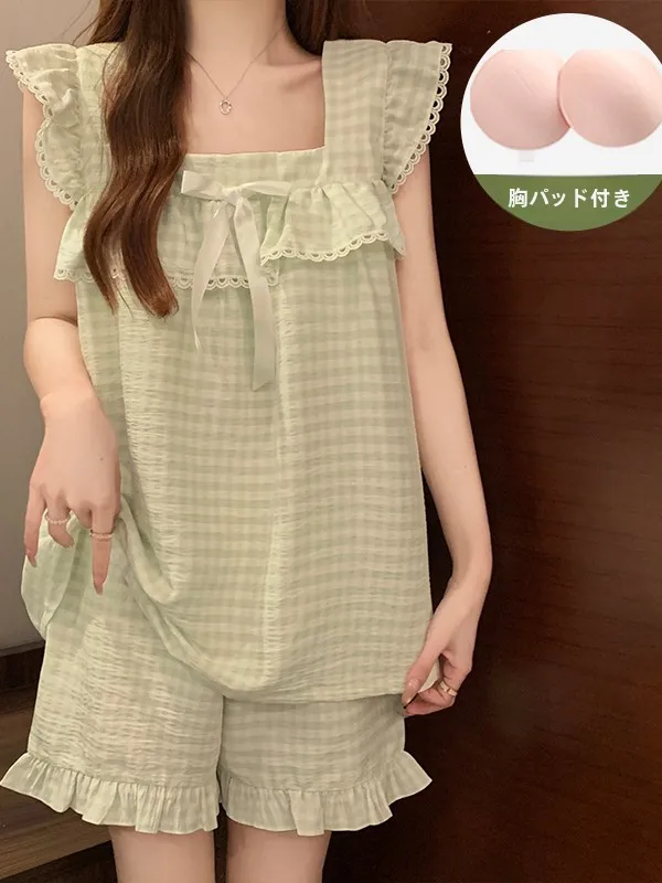 甘いスタイルの夏のパジャマ女性のテンセル綿グリーンチェック柄ストラップレスブラパッド入りホーム服半袖スクエアカラー 1