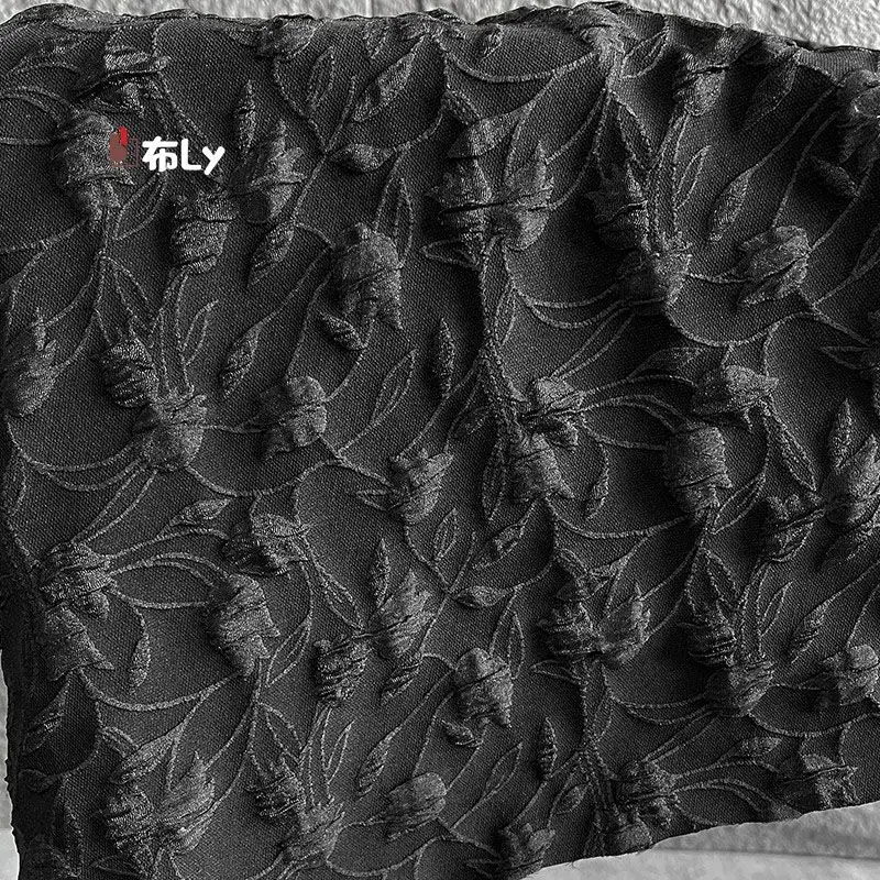 Black Pattern Irregular Jacquard 3D Texture Fabric, For Luxury Bags, Skirts, Dresses, High-Quality Designer Apparel Material